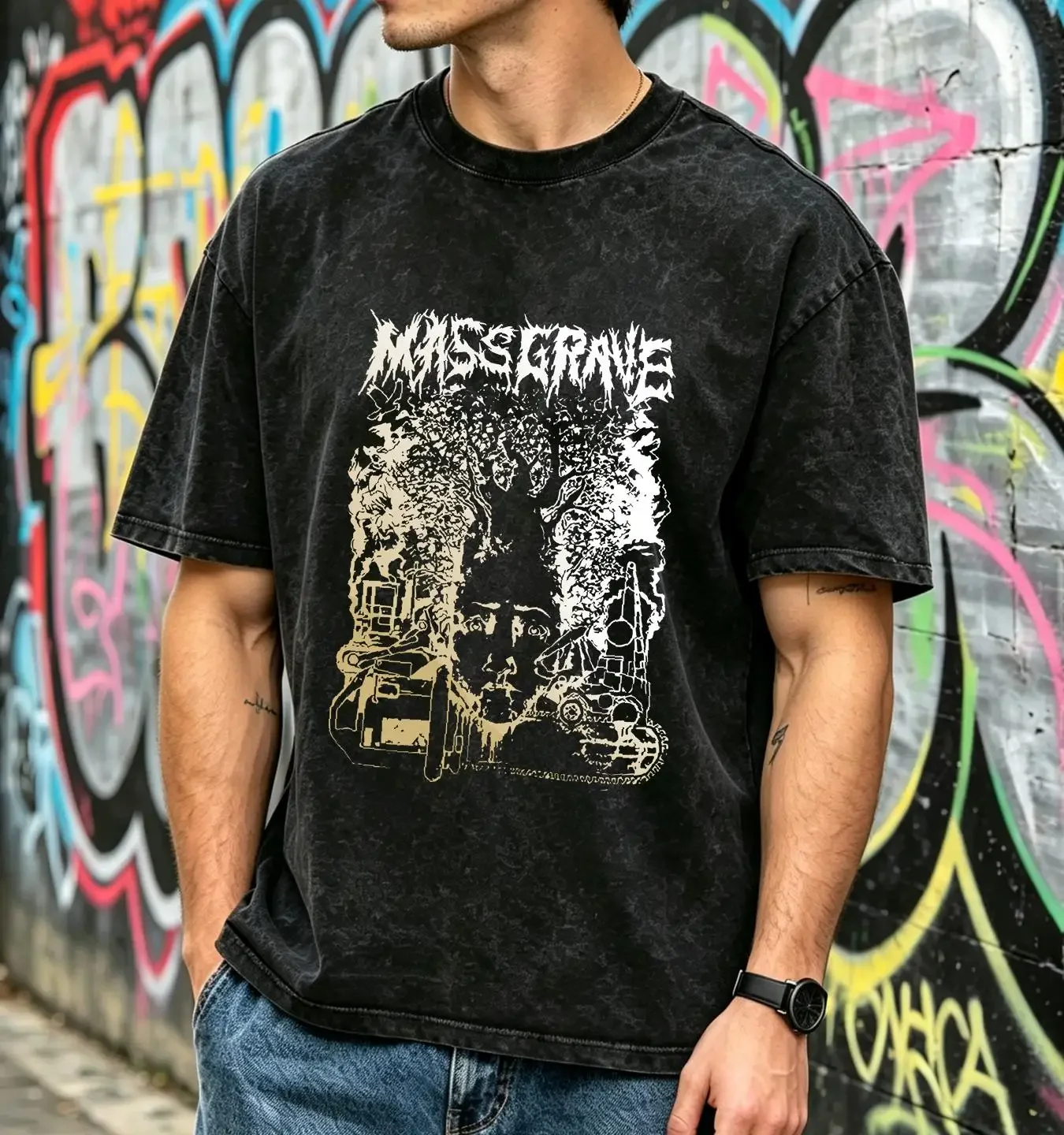 washed T Shirt MASS GRAVE band UNHOLY punk rock TE5621 long or short sleeves vintage Washed Unisex homme Casual Comfortable