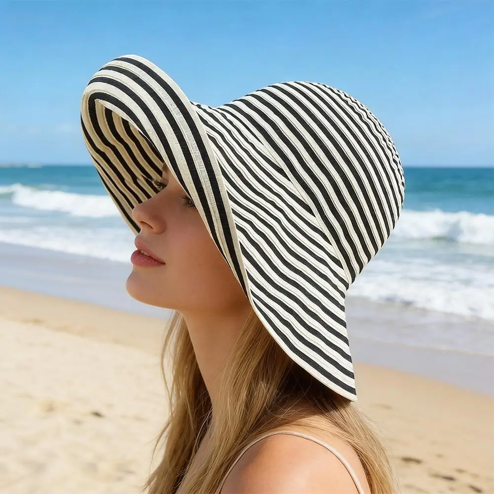 Retro-Streifen Sommer-Sonnenhut Reise-Strandhut für Damen mit Breiter Krempe Wendbarer Bucket Hat UV-Schutz Leichter Packbarer Sonnenhut
