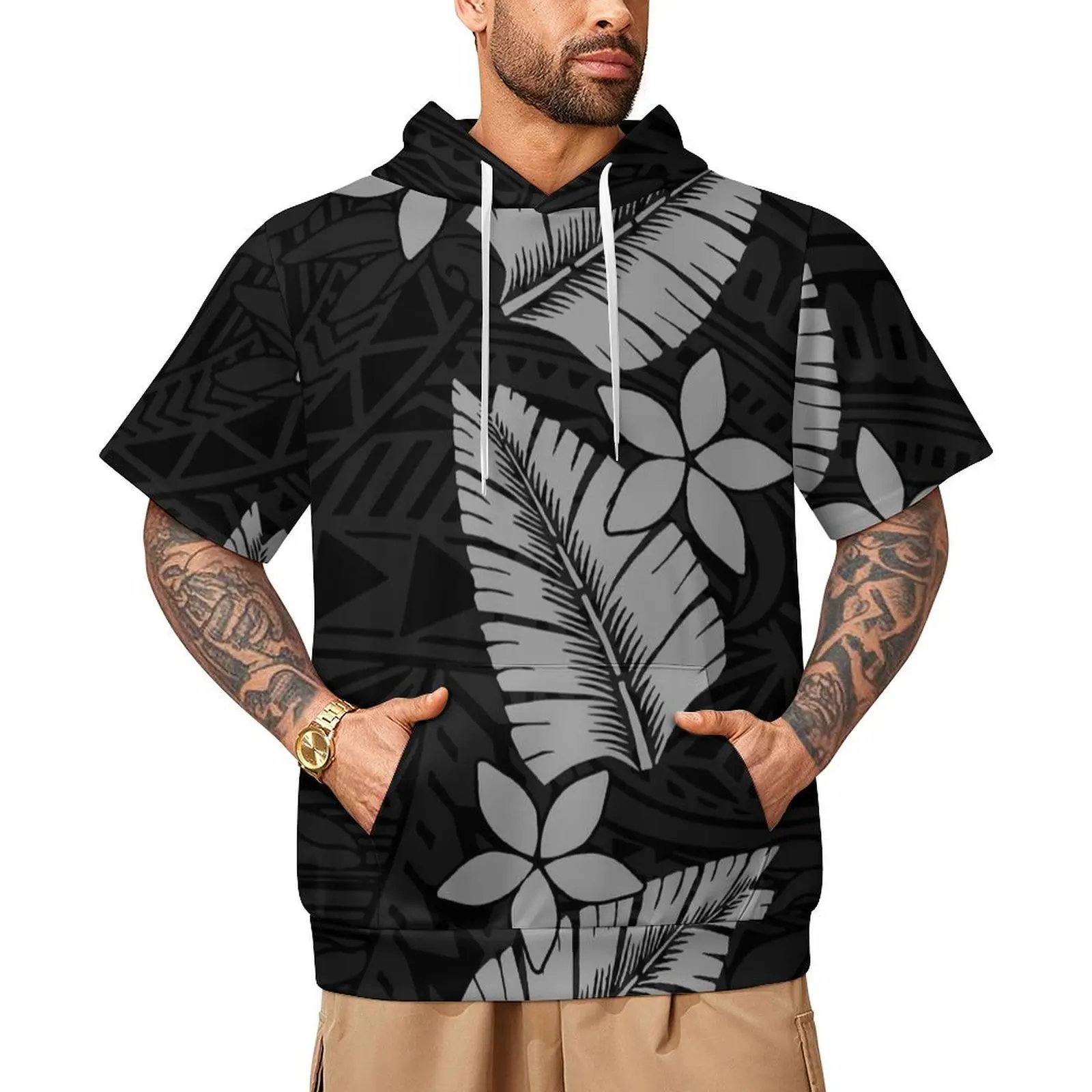 Free Shipping Short Sleeve Custom Men's Jumper Polynesian Tribal Tonga Design Polyester Hoodie