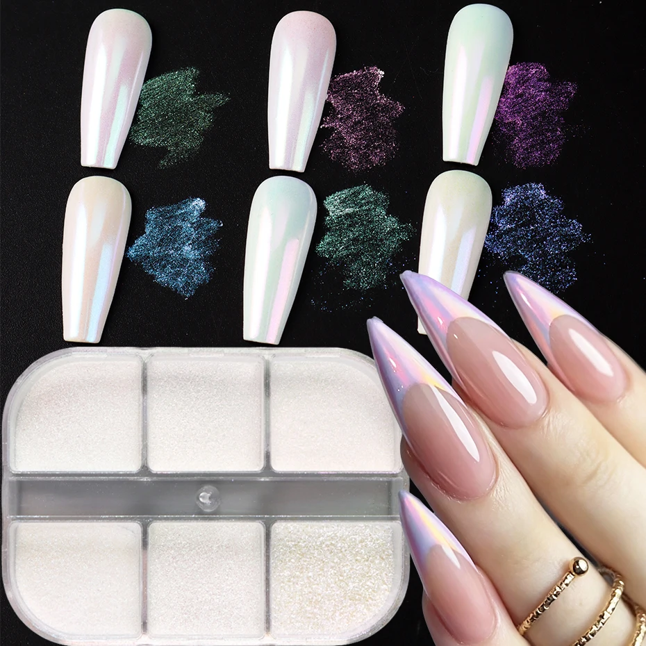 6 Grids Aurora Chrome Nail Powder Iridescent Mermaid Chrome Multi‑Color Nail Pigment Dust for Nail Art Decor Manicure Supplies