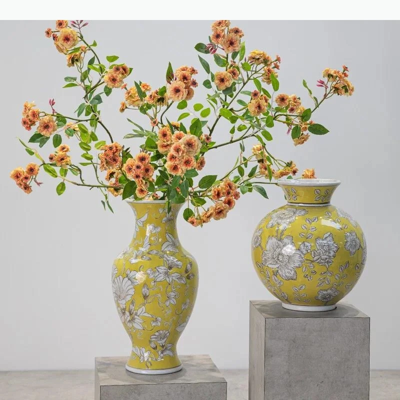 Glazed Porcelain Vase Plant Pot Table Decoration Flower Arrangement Yellow Flowers Pattern Vases Room Aesthetic Decor
