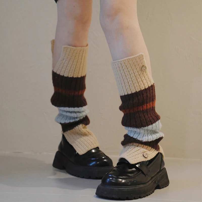 Y2K Vintage Button-up Patchwork Knitted Pile Socks Casual Leg Warmers JK Women's Long Socks Lolita Split Leg Cover Boot Cuffs