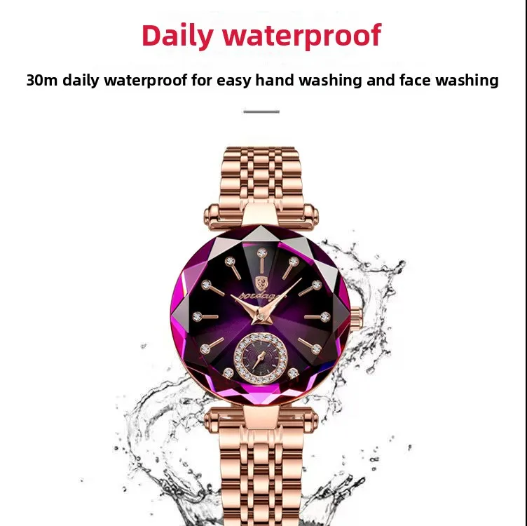 POEDAGAR Ladies Quartz Watch Rose Gold Steel Band Faceted Crystal Green Rhinestone Dial Waterproof Elegant Women Wristwatch Gift