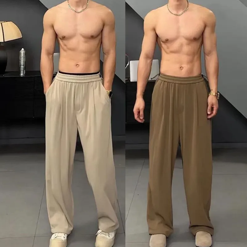 Spring Summer New Men's Thin Ice Silk Casual Pants Loose Straight Wide Leg Pants Simple Faion Versatile West Pants Anti-Wri...