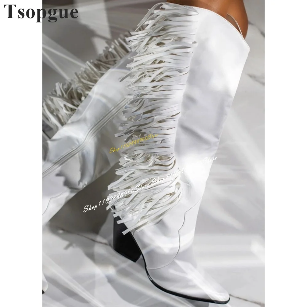 

White Cowboy Tassels Decoration Boots Thick Heel Shoes For Women Side Zipper Pointed Toe 2024 Fashionable Zapatos Para Mujere