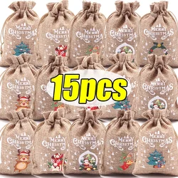 Christmas Linen Bags Cartoon Santa Claus Snowman Candy Gifts Drawstring Bag for Xmas Party Packaging Storage Pouches Wholesale