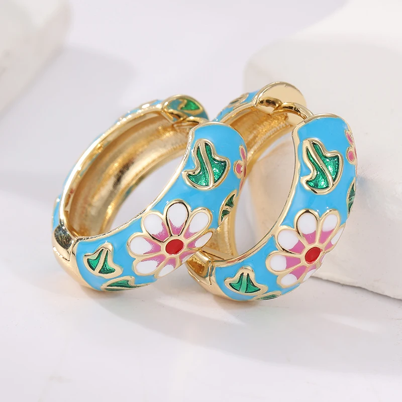 Gorgeous Gold Color Enamel Copper Hoops Women's Earrings Dazzling Hand Carved Flower Earrings Woman Vintage Jewelry