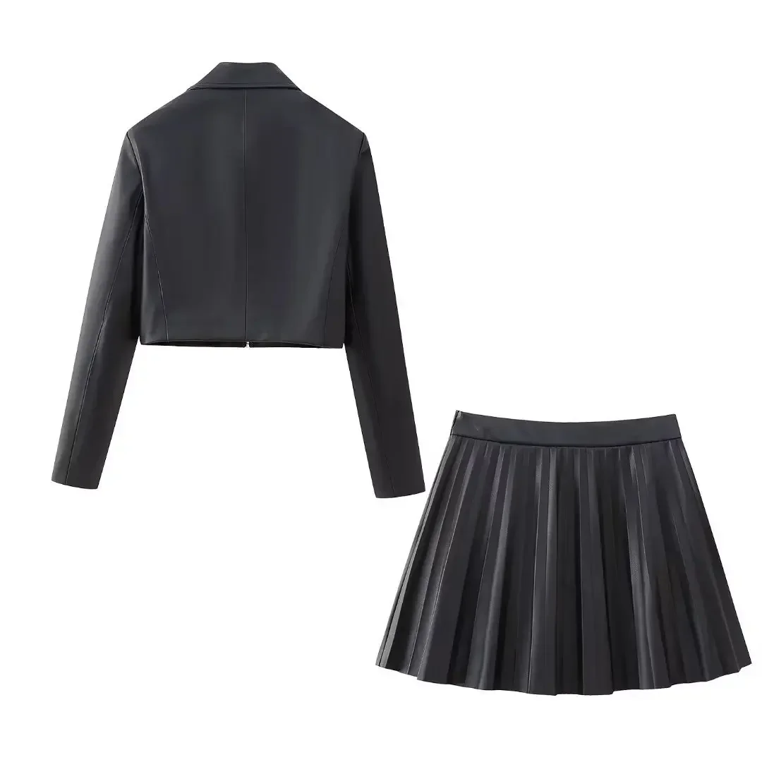 Leather Black Women Suit Skirt Set Female Zipper Blazer+Prom Dress Formal Business Work Wear Jacket Casual Hot Girl Coat