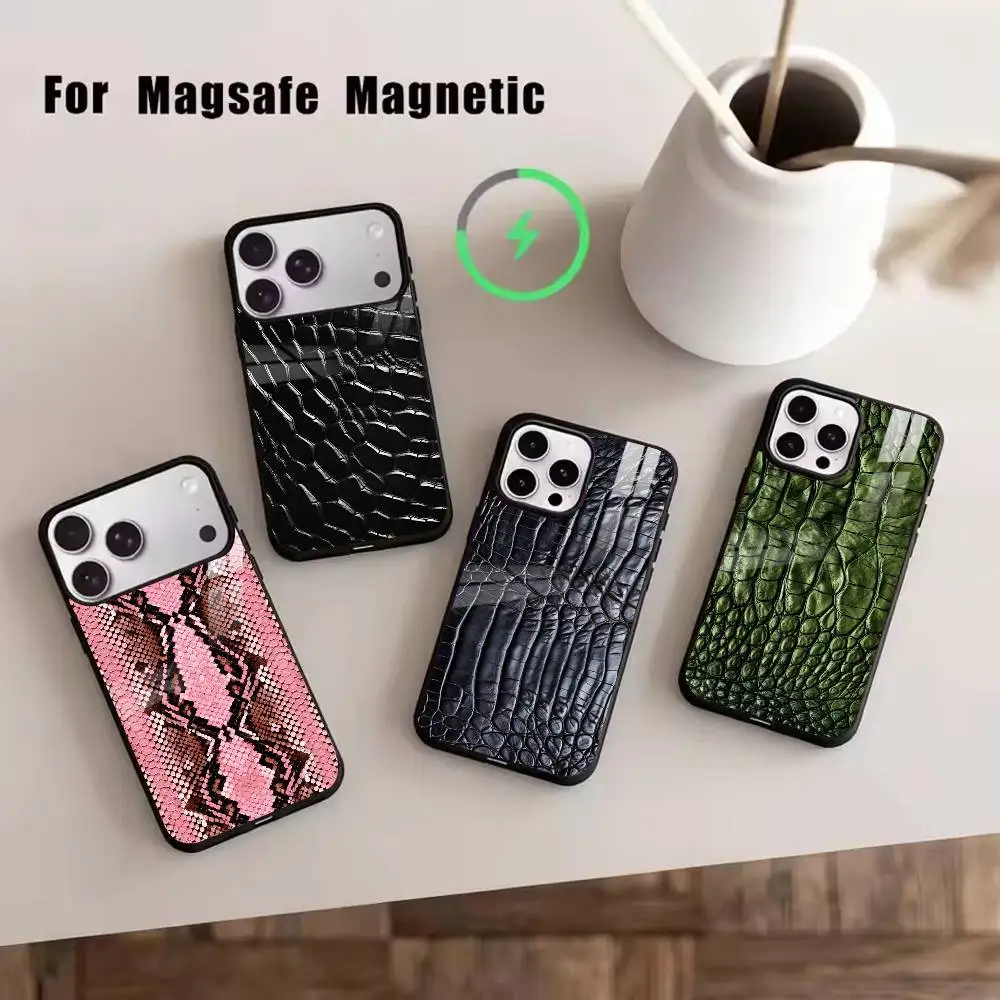 

Crocodile Embossed Phone Case For iPhone17,16,15,14,13,12,11 Plus,Pro Magnetic For Magsafe Wireless Charging
