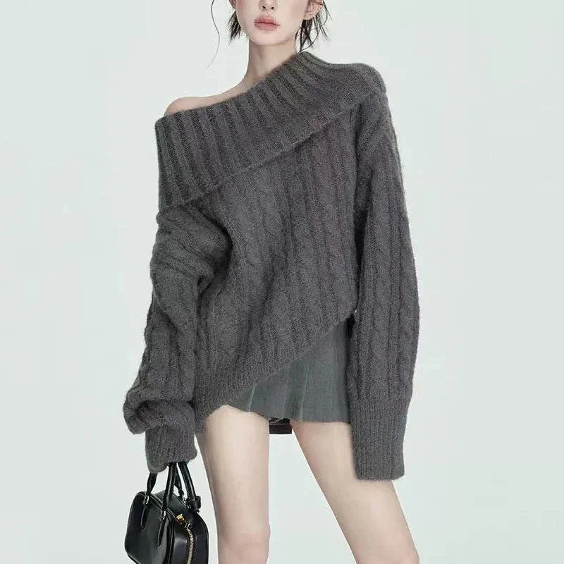 

Японский винтажный вязаный свитер, женский свободный повседневный мягкий свитер в стиле Харадзюку с открытыми плечами, уличная одежда, джемперы для ленивого ветра