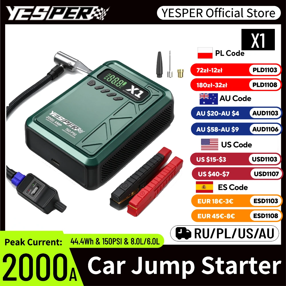 YESPER 2000A Jump Starter & 150PSI Air Compressor, Cold-Resistant -20°C, 12V for 8L Gas / 6L Diesel Trucks, LCD Display