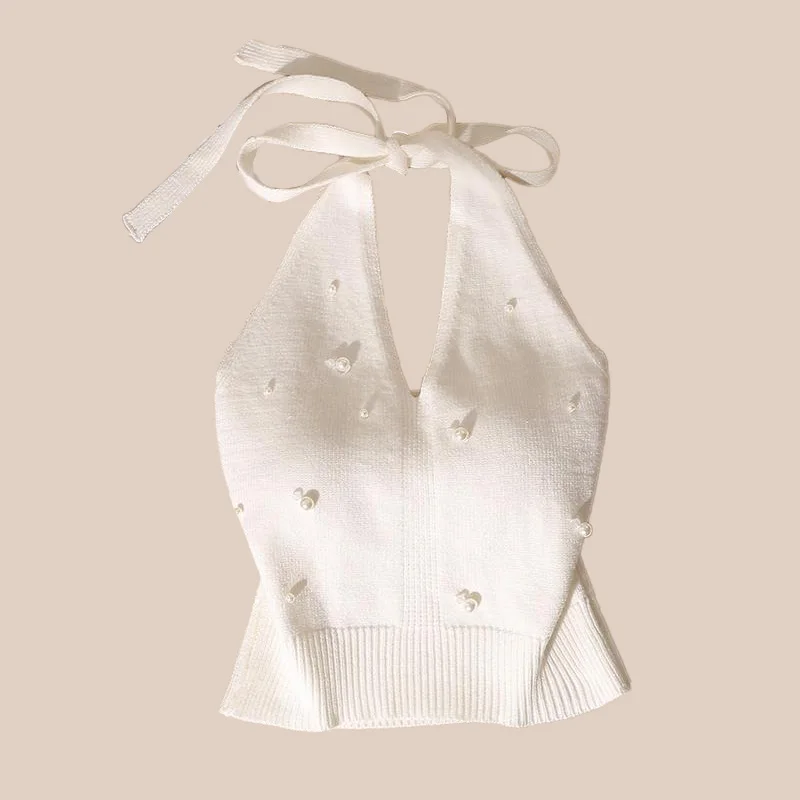 French Beaded Halter Neck Vest for Women - Backless Knitted Top with Tie Knot Design