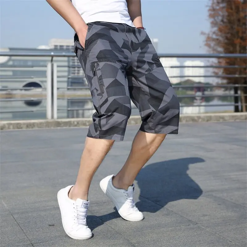 Men's Summer Zipper Camouflage High Waist Contrast Color Pockets Button Casual Clothing England Style Straight Trousers Shorts