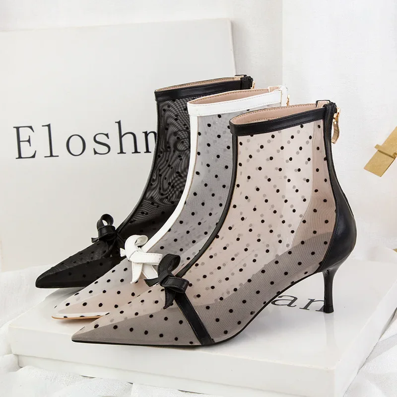 

Women's Korean-Style Sexy Fashion Pointed Mesh Polka Dot Breathable Hollow Bow Stiletto Ankle Boot Party Summer Casual for Woman