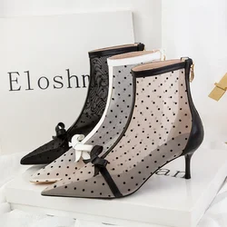 Women's Korean-Style Sexy Fashion Pointed Mesh Polka Dot Breathable Hollow Bow Stiletto Ankle Boot Party Summer Casual for Woman