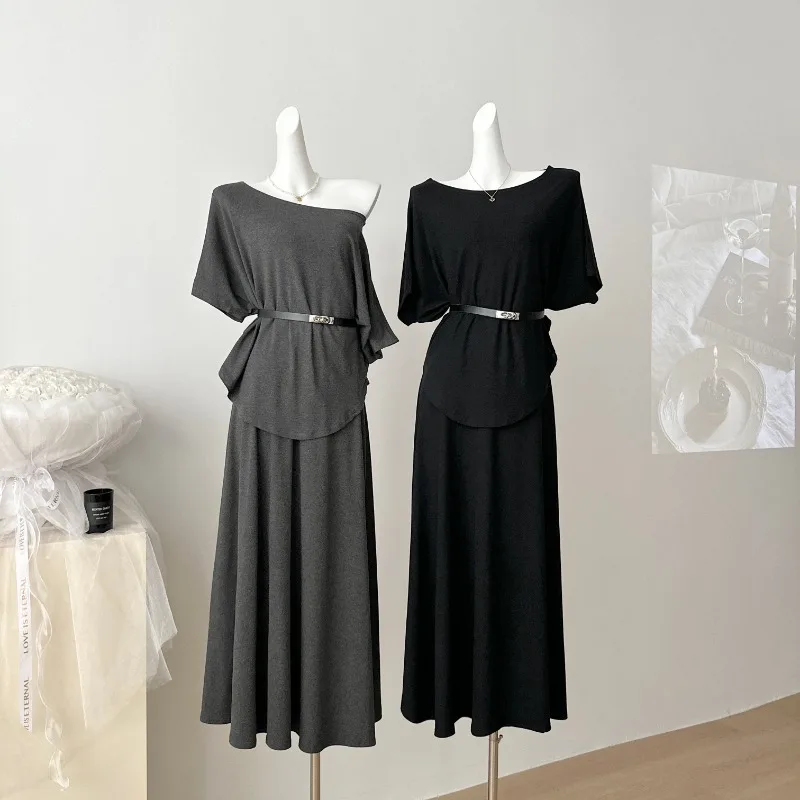 

Gothiscyn Office Lady Elegant Set Women's Summer Off Shoulder Slim Fit Top Elastic Waist Skirt Belt Three-piece Set