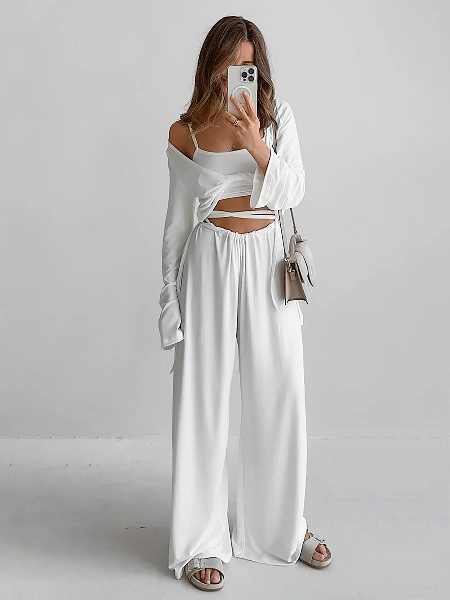 Muzuleva ملابس داخلية نسائية بأكمام طويلة سراويل طويلة بيجامة 3 قطع مجموعة 2025 خريف جديد ملابس نوم مرنة ملابس منزلية #3