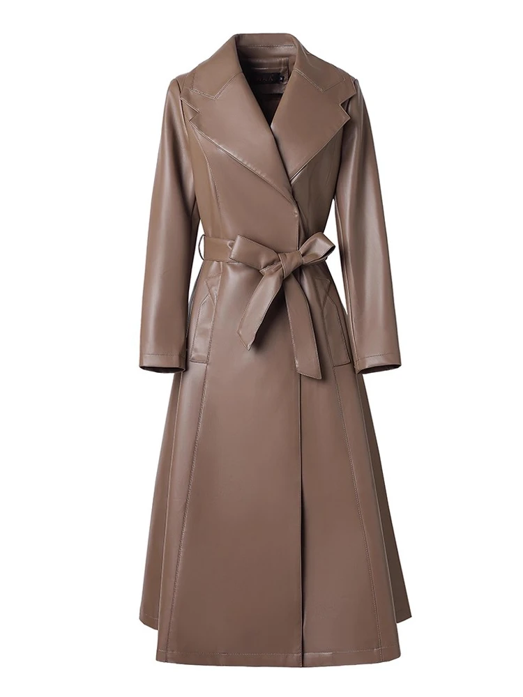 New Women Split Leather Coat Spring Autumn Fashion Large Lapel Slim Waist With Belt Long Trench Elegant Leather Coat Female
