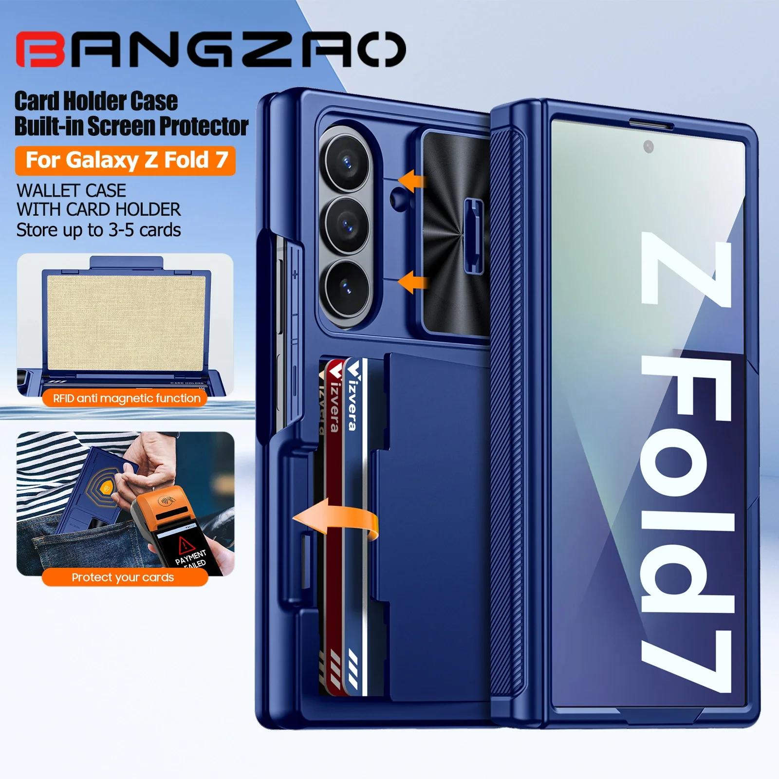 

Чехол для Galaxy Z Fold 7, RFID-кошелек с держателем для карт, шарнирная крышка, чехол для камеры, противоударный силиконовый защитный чехол для телефона - синий