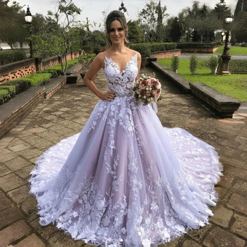 royal purple wedding dress Princess Royal Purple Ball Gown Princess Wedding Dresses With Purple V Neck  Sweep Train Tulle