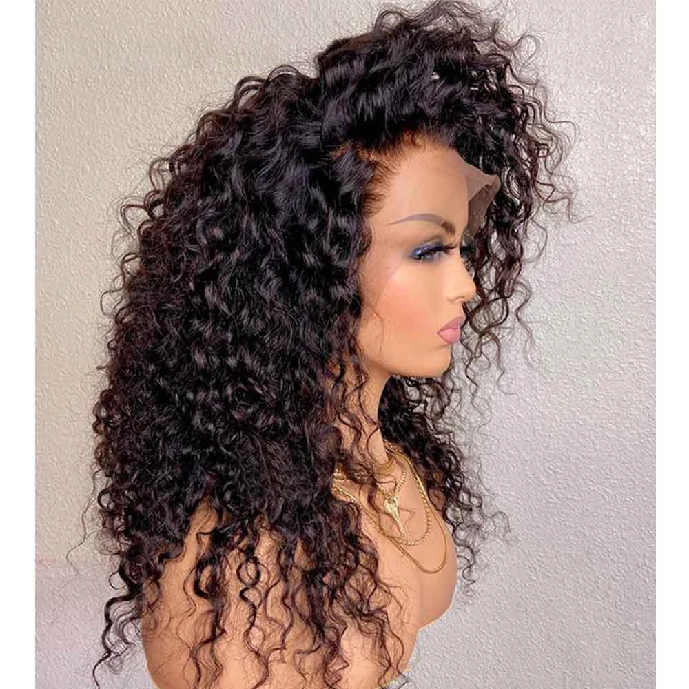 Natural Black Soft 180Density 26Inch Long Kinky Curly Lace Front Wig For Women BabyHair Heat Resistant Glueless Preplucked Daily