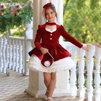 Verngo vermelho veludo mini menina flores vestido 3d flores vestido de baile vestido de festa de aniversário do bebê vestidos cristmas personalizados