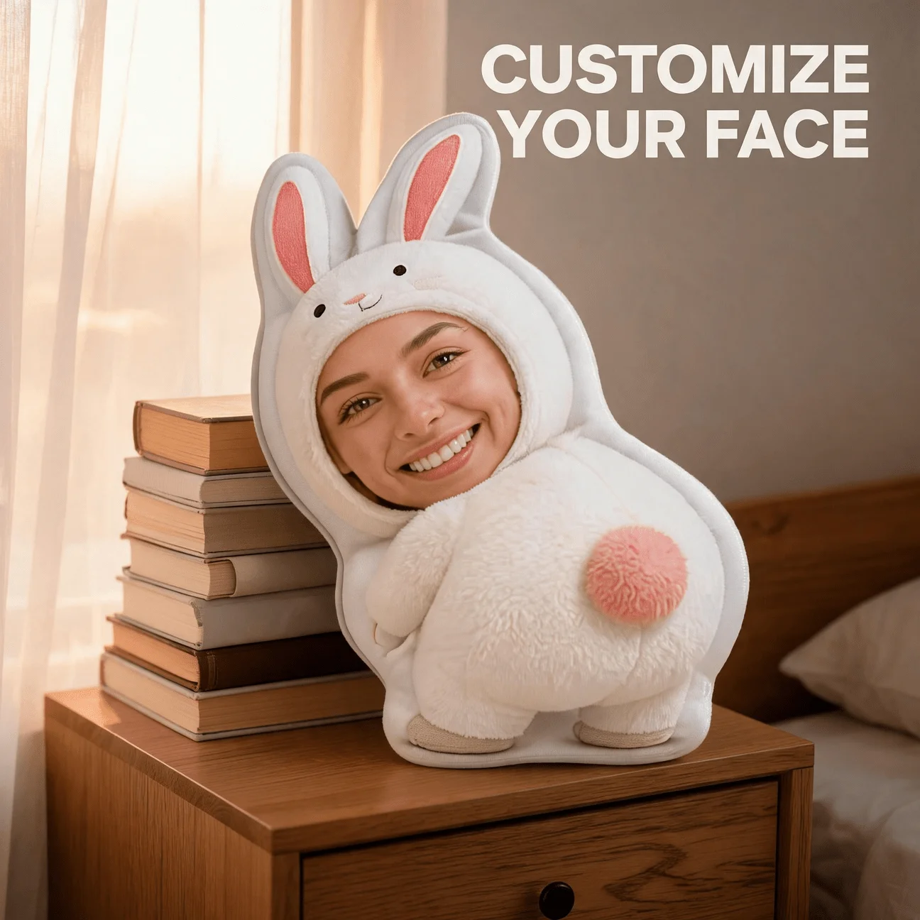 Custom Photo Shaped Pillow, Funny Face in White Bunny Costume Decorative Cushion, Unique Home Decor Accent for Sofa & Bedroom, P