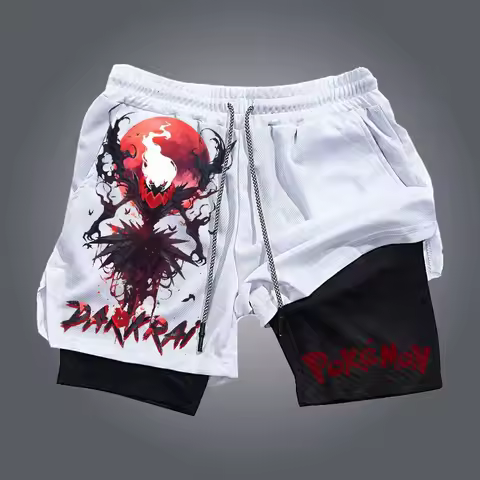 Pok&eacute;mon 2 in 1 Shorts Men's Summer Japanese Anime Darkrai Graphics Running Shorts with Pockets Man Sports Double Deck Shorts
