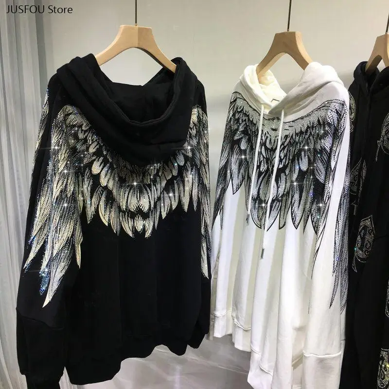 Women Hooded Jacket Rhinestone Large Wings On Front and Back Long Sleeve Loose Casual Streetwear Hoodie Sweatshirt