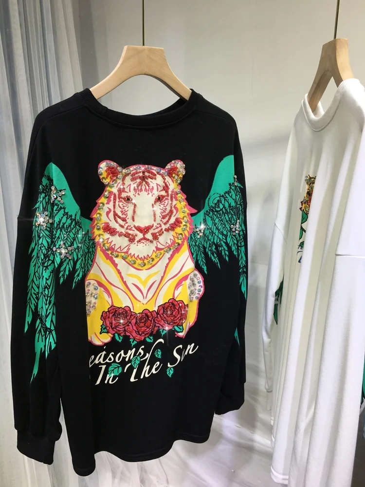 Diamond Beading Sequins Winged Tiger Sweatshirt 2023 New Spring Autumn All-match O-neck Pullover Top Streetwear Black Hoodie