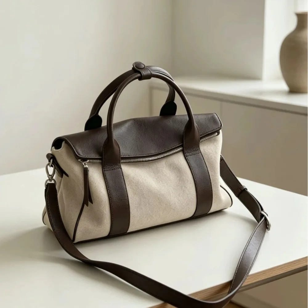 First Layer Cowhide with Cotton and Linen Texture Unique Fashion Simple Casual Daily Senior Commuting Bag Simple Large Capacity