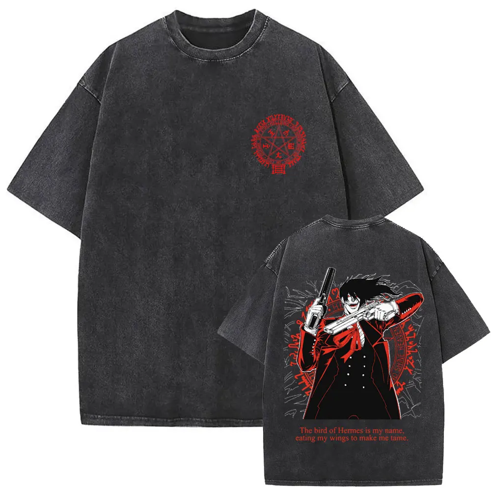 

Washed Vintage Anime Hellsing T-shirt Abraham Van Helsing Vampire Alucard T-shirts Men Women Casual Cotton Oversized T Shirts