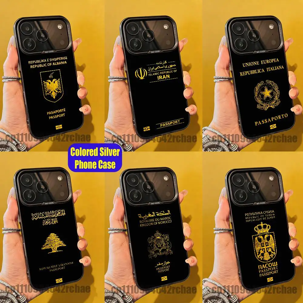 

For Albania Iran Italy Libanon Morocco Serbia Tunisia Turkey Passport Phone Case iPhone 15,16,12,14,13,17,11,Pro,Max,Plus,Silver