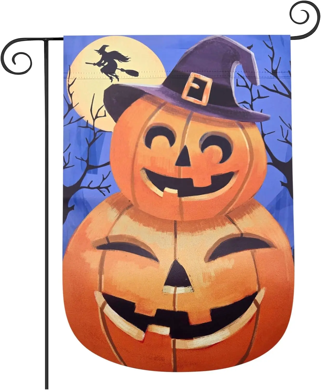 3D Jack O Lantern Halloween Garden Flag: 12.5x18 Inch Applique Double Sided Pumpkin with Witchs Hat Halloween Yard Flag - Hallow