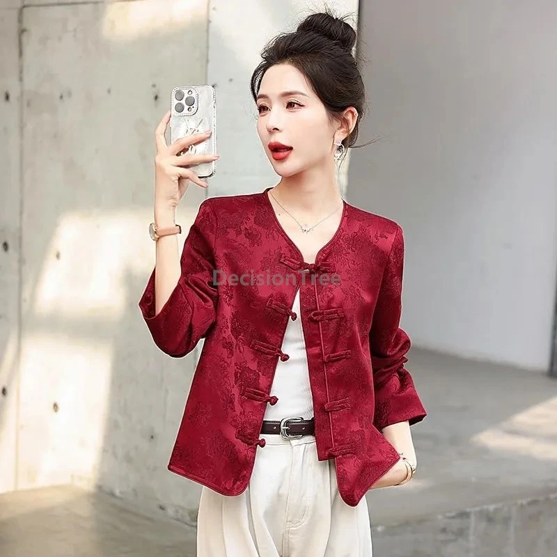 

Spring Autumn fashion style tang suit top romantic sequin red versatile coat chinese retro graceful temperament coat