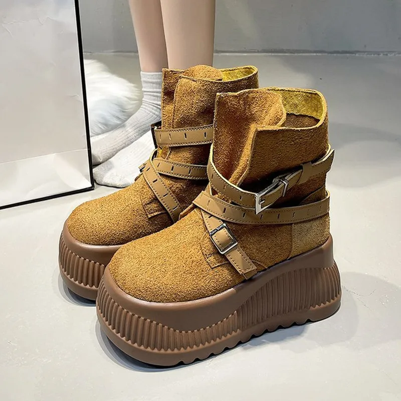 جديد الموضة النسائية الكلاسيكية عادية منتصف العجل الأحذية الجلدية الأحذية امرأة سميكة وحيد جولة تو كعب مربع فارس أحذية بوت قصيرة امرأة #1