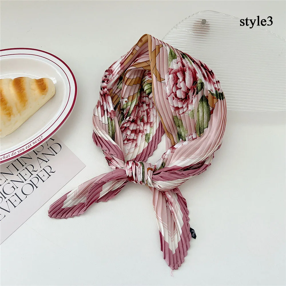 Women Square Silk Scarf Skinny Ribbon Head Neck Small Headscarf Pleated Hair Tie Band Kerchief Satin Foulard Scarves Neckerchief