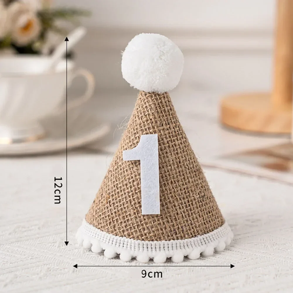 1 2 3 Burlap Hat Baby First Birthday Party Linen Felt Hat 1st 2th 3th Years Kids Baby Shower Hat Birthday Headband Decoration