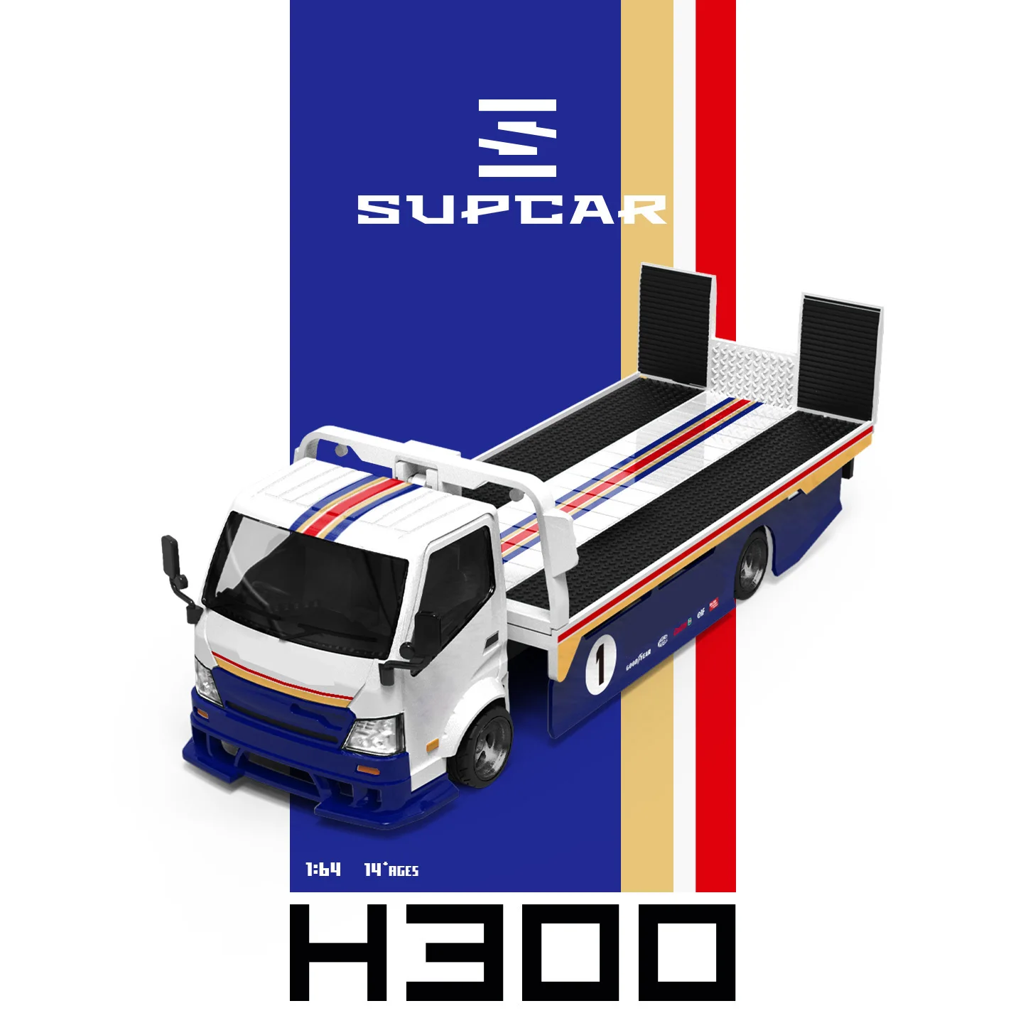 SUPCAR 1:64 H300 Retro Racing Striped Flatbed Transport Trailer Diecast Alloy Model For Gift Display Collection