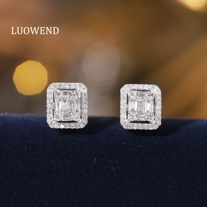 LUOWEND 18K White Gold Earrings Fashion Geometric Design 0.36carat Real Natural Diamond Stud Earrings for Women Party Jewelry