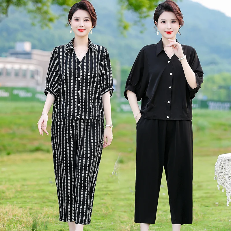 Women\'s Fashion Suit Summer New Loose Korean Style Casual Plus Size Clothing Short Sleeve Tops Harun Pants 2 Two Piece Set