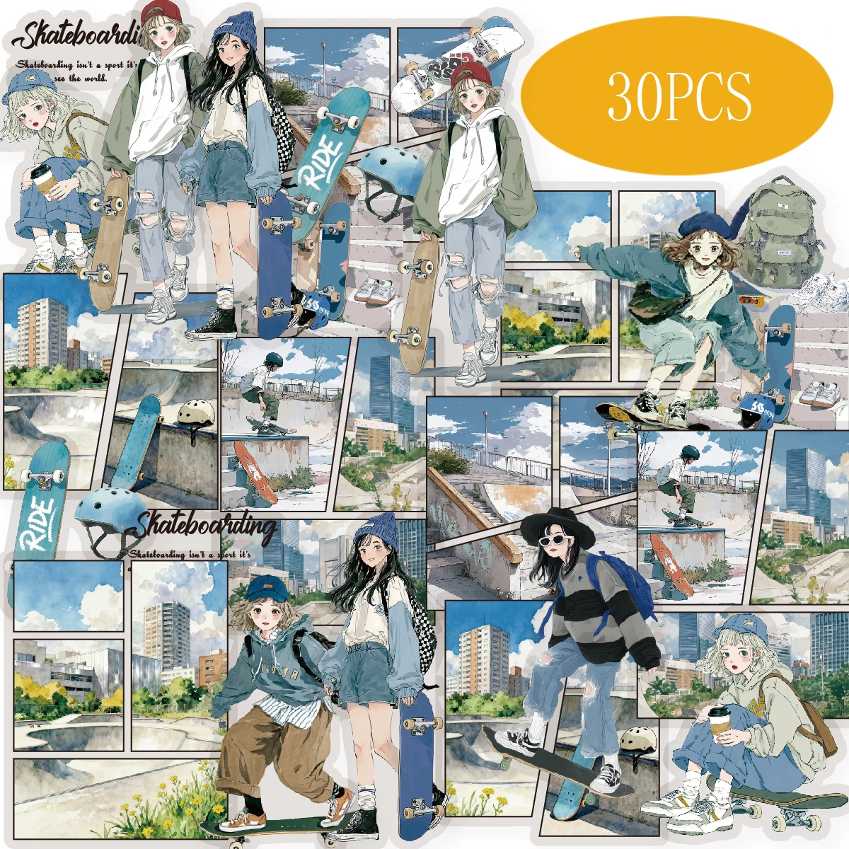 Etori Life Skateboard Time 30 Stück handgezeichnete Skateboard-Mädchen-Aufkleber, trendige und coole Stimmungs-Aufkleber für Notizbücher, Handyaufkleber, Gepäck, Fotoalben, Raumdekoration,