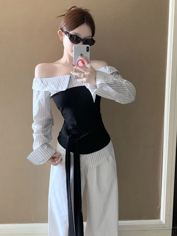 

Korean Style Striped Color Block Women's Shirt Autumn Fashion Slimming Design Shoulder Exposure One-Shoulder Waist-Cinching Top