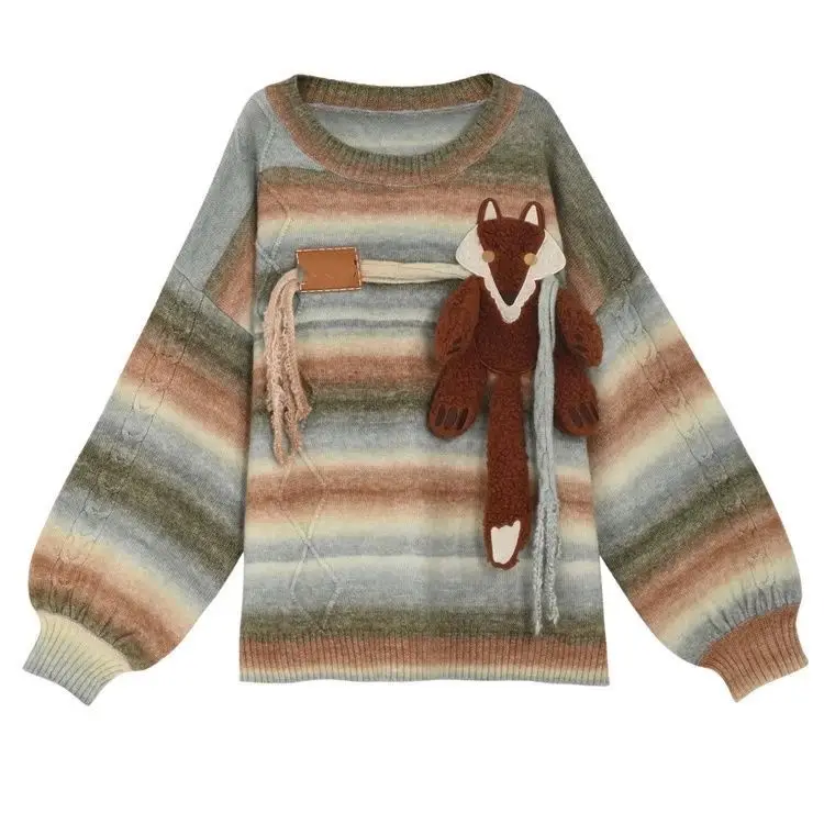 

fox retro contrasting striped sweater for women's lazy style soft waxy student knitted sweater thickened