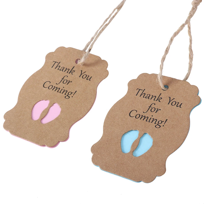 50 pz blu rosa Baby Shower Tag etichette grazie per la venuta regalo Hanging Tag Boy Girl 1st Birthday Party Decor gender reveal