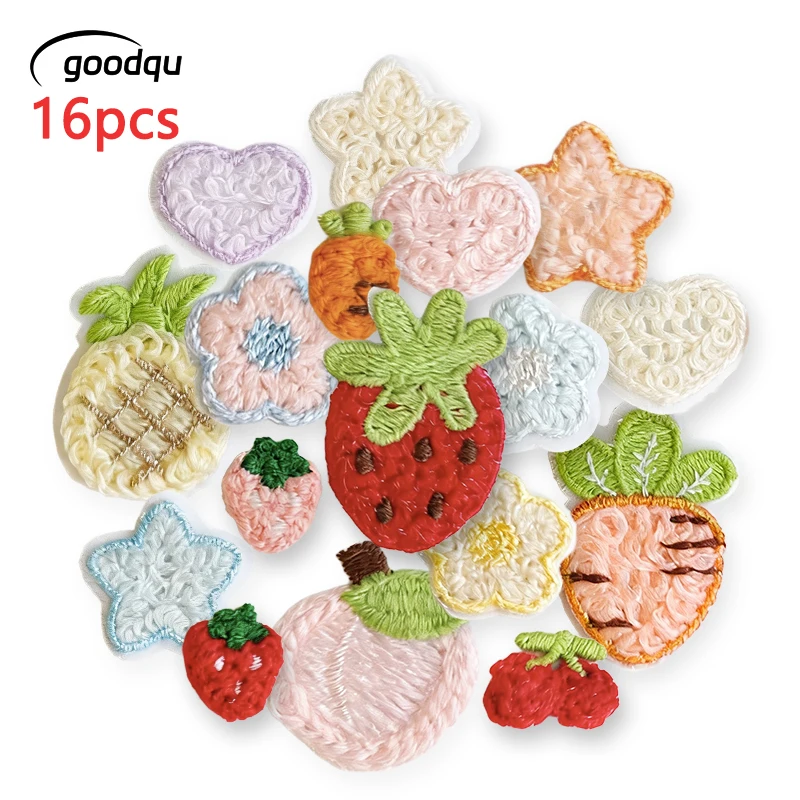 16 parches de encaje de chenilla bordados con flores, apliques para ropa, paquete de tela con estrellas, corazones y fresas lindas
