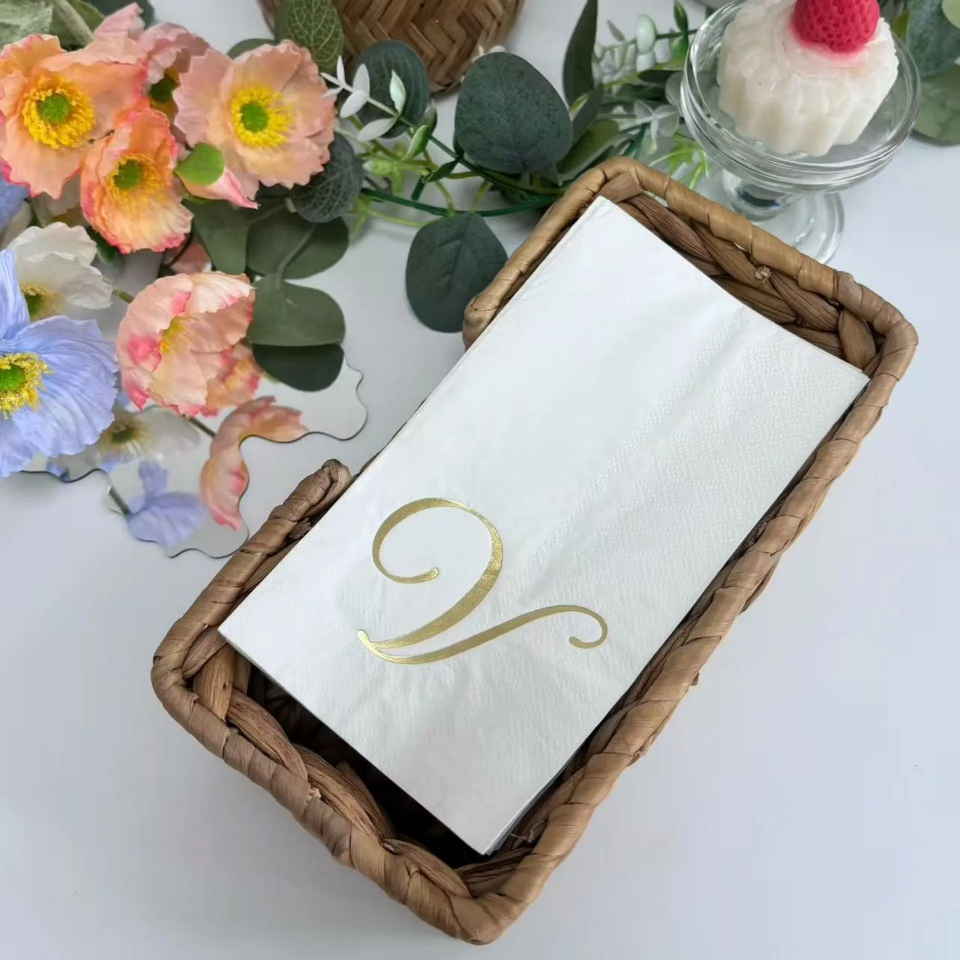 Disposable Napkins - Gold Monogram Guest Towel Napkins, Quilted Cloth-Like Napkins for Bathroom, Initial Napkins for Weddings