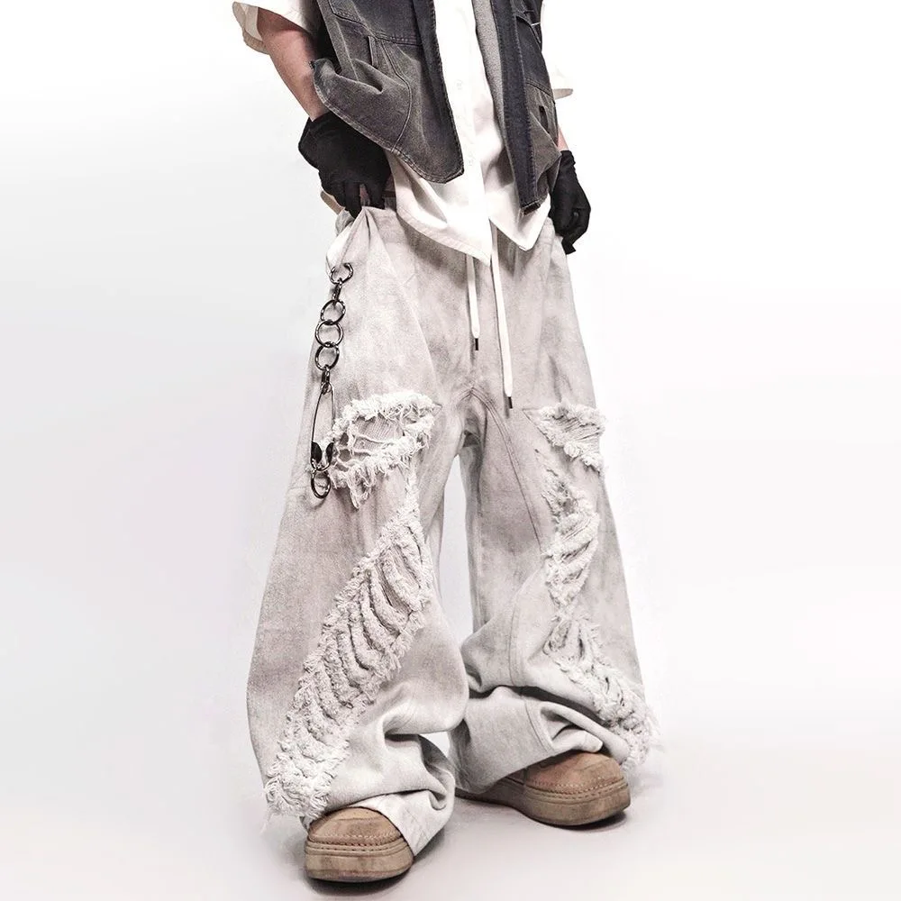 Vintage Washed Jeans High Street Distressed Loose Workwear Pants Wide Leg Denim Trousers for Men Women Streetwear Cargo Pants