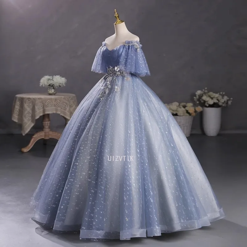 Новые серо-синие платья Quinceanera, бальные платья больших размеров с рукавами, пышные платья для выпускного вечера, милое платье 16, Vestido De 15anos