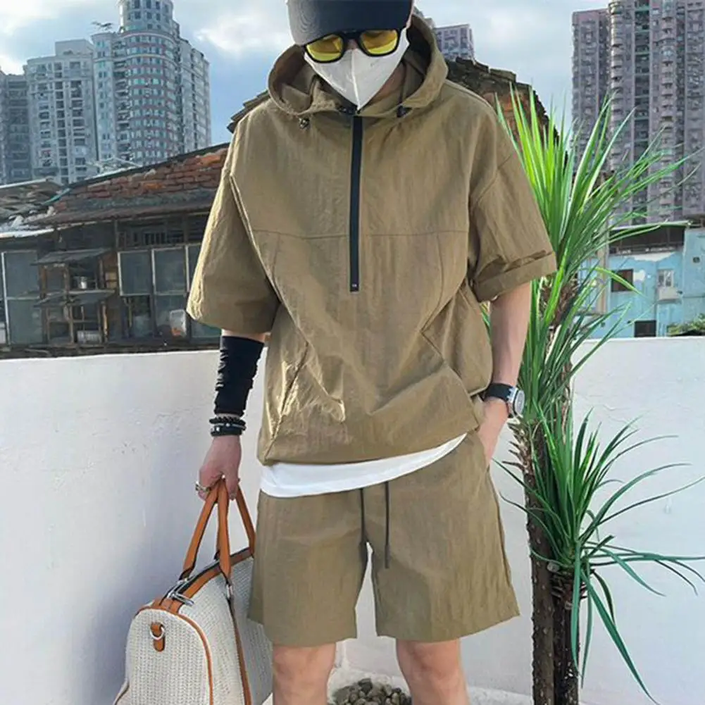 Summer Cargo Style Set Men\'s Casual Hooded Solid Short Sleeve T-shirt Shorts Loose Fashion High Quality Handsome Sweatshirt Suit